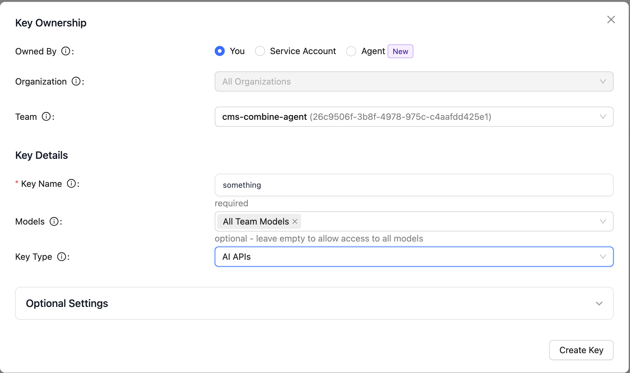 Creating an API key for the cms-combine-agent team